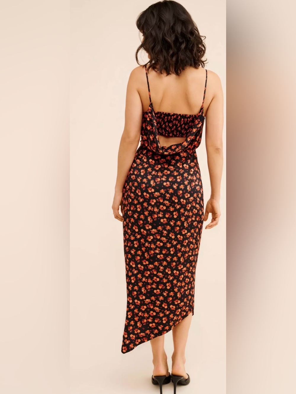 Sleeveless Draped-Back Asymmetrical Slip Midi Dress Black Floral Cowl Back